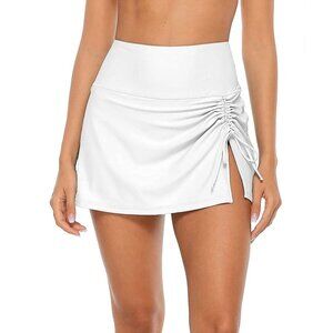 Womens XL Swim Skirt White Ruched High-Waist Drawstring Side Slit Swimwear